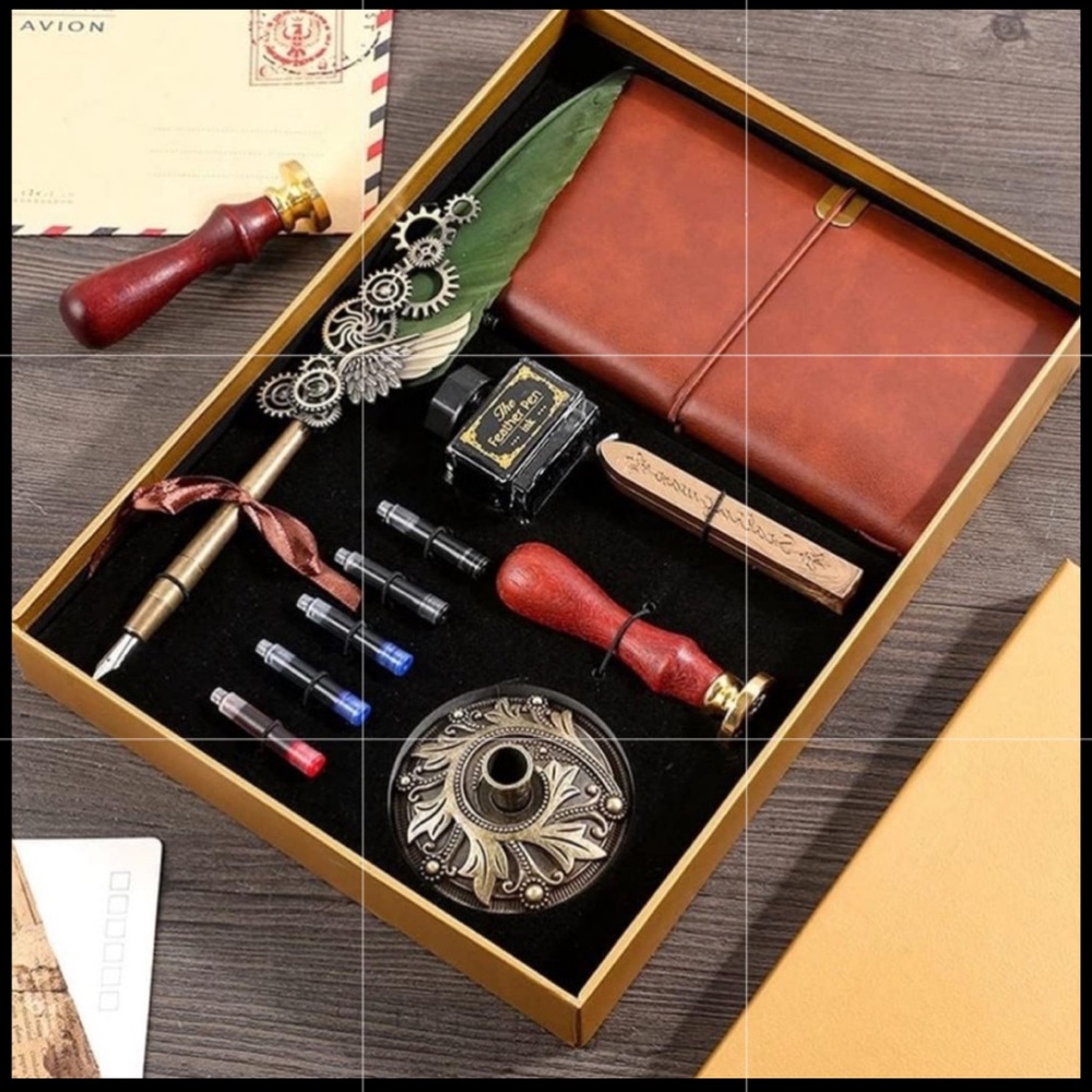 Feather Pen Calligraphy exquisite Vntg reto gift box set